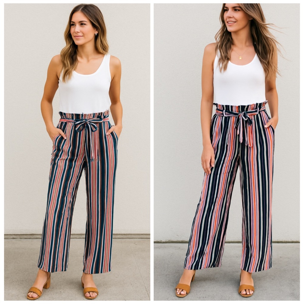 J.O.A. x Revolve Striped Paperbag Waist Wide Leg Pants S | Navy Pink Tie Belt
